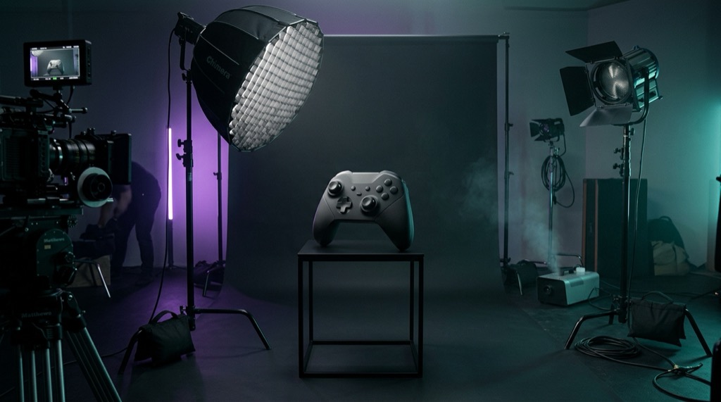 An emerging gaming brand captured in a bright product-film studio